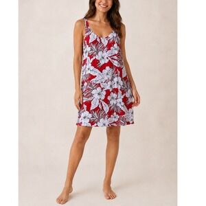 Tiki Palm Red White Hibiscus Tropical Rayon Vacation Dress Large Hawaiian